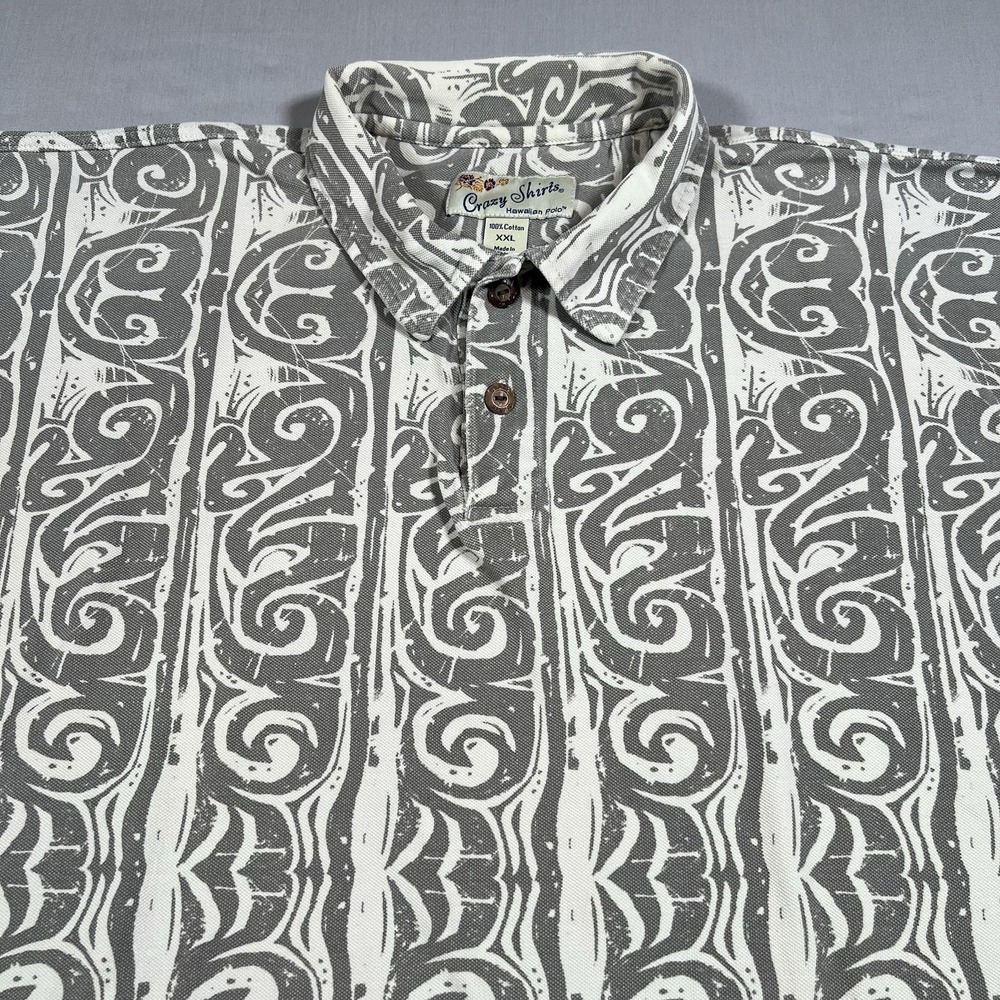 Crazy Shirts Hawaiian Polo Shirt Mens 2XL Gray White Geometric Tribal Surf Retro